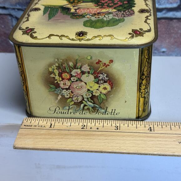 Vintage 1940’s Lander Poudre De Toilette Powder Tin Empty Courting Scene Floral - Picture 6 of 10